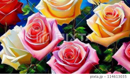 Pink and orange roses. Oil flowers. Beautiful delicate feminine colored spring or summer flowers close up, generated by AI. Bouquet of flowers. Postcard Valentine, congratulations to a woman. 114613035