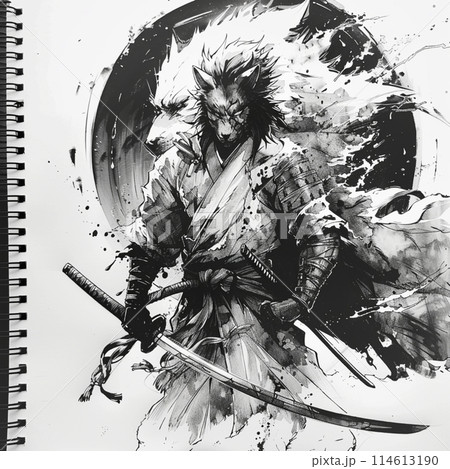 戦闘構えの狼戦士、水墨画スタイルのイラスト素材 [114613190] - PIXTA, 画像サイズ:450x469