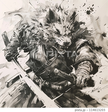 戦闘構えの狼戦士、水墨画スタイルのイラスト素材 [114613203] - PIXTA, 画像サイズ:450x469