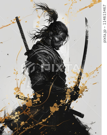 戦闘の構えを描いた侍戦士、抽象的な水墨画アート、テキストスペース 114613467