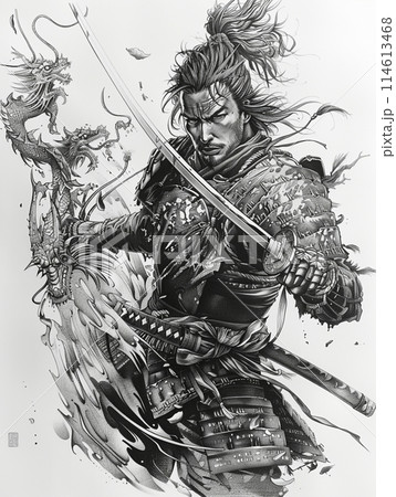 戦闘の構えを描いた侍戦士、抽象的な水墨画アート、テキストスペース 114613468