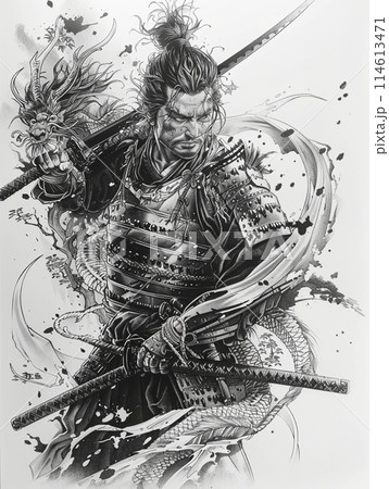 戦闘の構えを描いた侍戦士、抽象的な水墨画アート、テキストスペースの