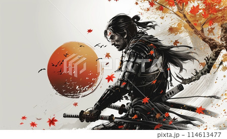戦闘の構えを描いた侍戦士、抽象的な水墨画アート、テキストスペース 戦闘の構えを描いた侍戦士、抽象的な水墨画アート、テキストスペース 114613477