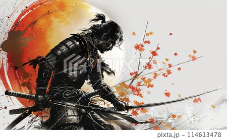 戦闘の構えを描いた侍戦士、抽象的な水墨画アート、テキストスペース 戦闘の構えを描いた侍戦士、抽象的な水墨画アート、テキストスペース 114613478