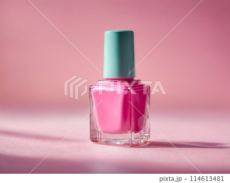 Whimsical candy colored nail polish bottles pastel background hard light creating shadows angled view 114613481