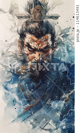 戦闘の構えを描いた侍戦士、抽象的な水墨画アート、テキストスペース 114613491