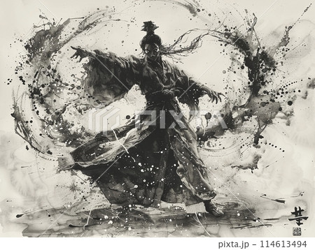 戦闘の構えを描いた侍戦士、抽象的な水墨画アート、テキストスペース 114613494