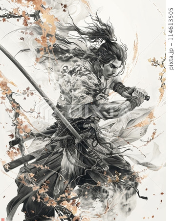 ぷ*侍様 Let’s fine♡ 絵画原画 戦闘の構えを描いた侍戦士、抽象的な水墨画アート、テキスト