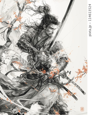 戦闘の構えを描いた侍戦士、抽象的な水墨画アート、テキストスペースの