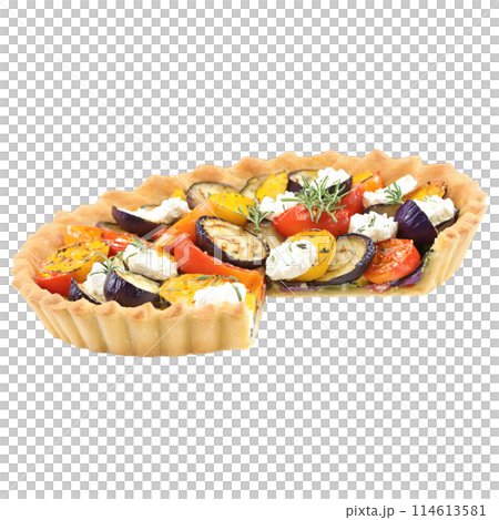 Grilled vegetable and goat cheese tart with a flaky crust and a sprinkle of thyme Grilled vegetable and goat cheese tart with a flaky crust and a sprinkle of thyme 114613581