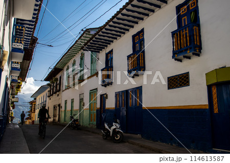 Beautiful streets at the historical downtown of the heritage town of Salamina located at the Caldas department in Colombia. 114613587