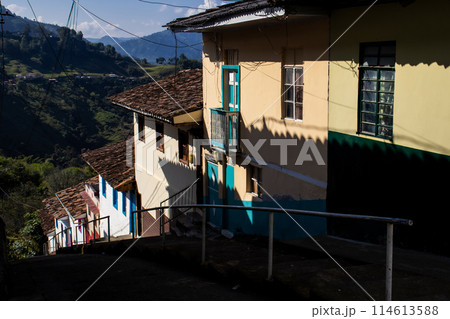 Beautiful streets at the historical downtown of the heritage town of Salamina located at the Caldas department in Colombia. 114613588
