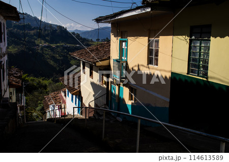 Beautiful streets at the historical downtown of the heritage town of Salamina located at the Caldas department in Colombia. Beautiful streets at the historical downtown of the heritage town of Salamina located at the Caldas department in Colombia. 114613589