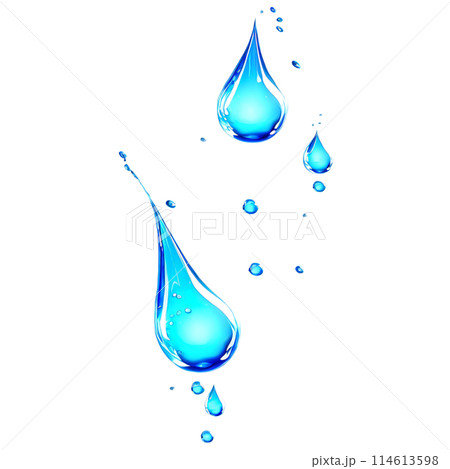 Abstract drop water paint strokes and ink drops in aqua watercolor on transparent background. 114613598