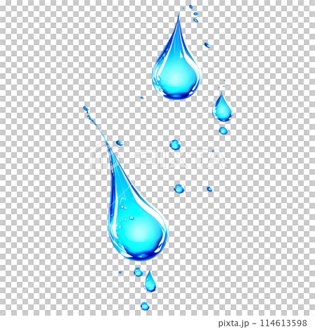 Abstract drop water paint strokes and ink drops in aqua watercolor on transparent background. 114613598