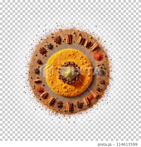 Garam masala mandala a warm circular arrangement of garam masala powder with steam rising 114613599