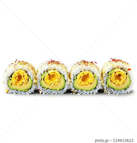 Breakfast sushi rolls sushi rice wrapped around scrambled eggs and avocado sliced to reveal a 114613622