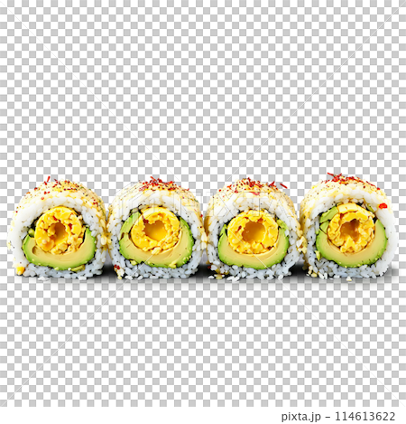 Breakfast sushi rolls sushi rice wrapped around scrambled eggs and avocado sliced to reveal a 114613622
