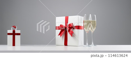 Gift boxes with red ribbons, with studio lighting and backdrop. Present, surprises, celebration and gift warping. 114613624