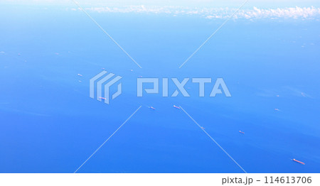 Aerial view of the Singapore Strait, Ocean liner, tanker and Cargo Ship in Singapore Strait, View from plane. 114613706