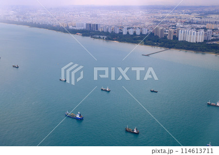 Aerial view of the Singapore Strait, Ocean liner, tanker and Cargo Ship in Singapore Strait, View from plane. 114613711