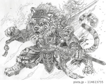 豪華な着物を身につけた虎の侍戦士、神話的生物の獣人アートのイラスト