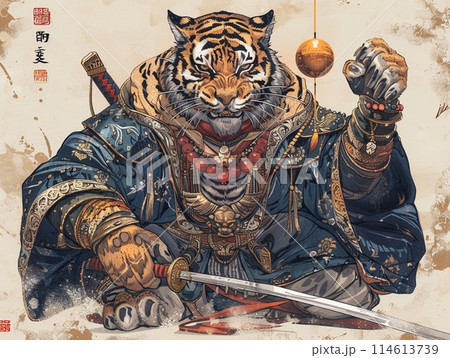 豪華な着物を身につけた虎の侍戦士、神話的生物の獣人アート 豪華な着物を身につけた虎の侍戦士、神話的生物の獣人アート 114613739