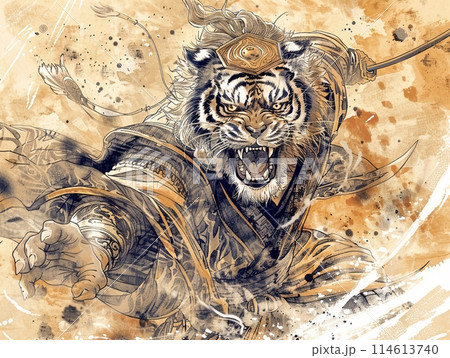 豪華な着物を身につけた虎の侍戦士、神話的生物の獣人アート 114613740