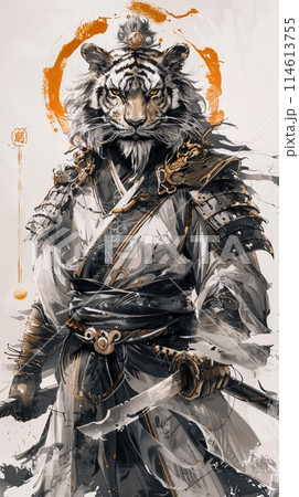 豪華な着物を身につけた虎の侍戦士、神話的生物の獣人アート 114613755