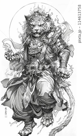 豪華な着物を身につけた虎の侍戦士、神話的生物の獣人アートのイラスト