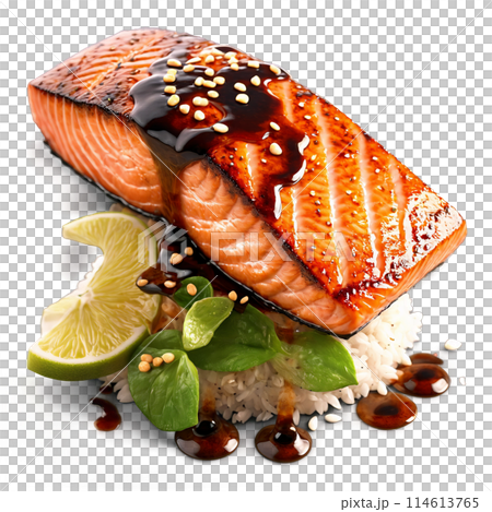 Salmon Teriyaki with grilled salmon fillet teriyaki glaze and sesame seeds in motion with glaze Salmon Teriyaki with grilled salmon fillet teriyaki glaze and sesame seeds in motion with glaze 114613765