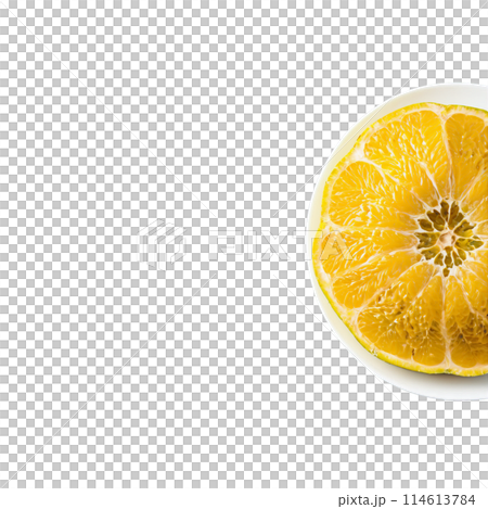 Ugli fruit large and lumpy with a mottled yellow green exterior peeled and segmented on 114613784