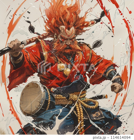 水墨画で描かれた激怒の雷神、強烈なバトルアート 114614094