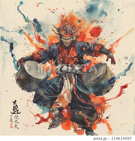 水墨画で描かれた激怒の雷神、強烈なバトルアート 114614097