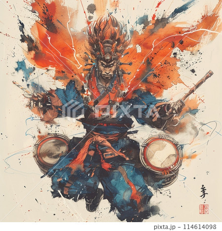 水墨画で描かれた激怒の雷神、強烈なバトルアート 114614098