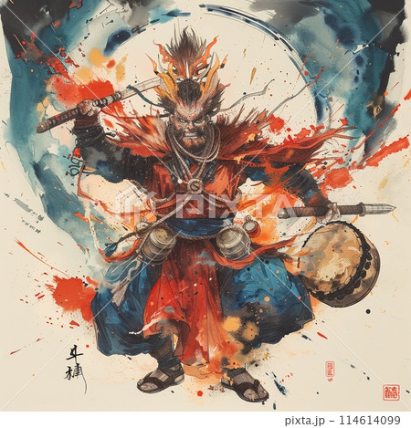 水墨画で描かれた激怒の雷神、強烈なバトルアート 114614099