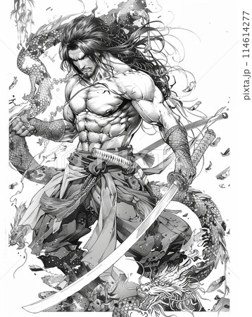 強烈な視線の鬼侍のポートレート、抽象的なインクと水墨画アート の