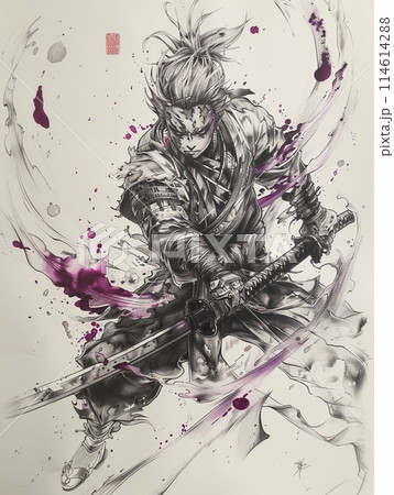 強烈な視線の鬼侍のポートレート、抽象的なインクと水墨画アート の