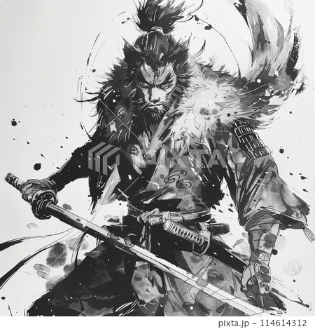 強烈な視線の鬼侍のポートレート、抽象的なインクと水墨画アート の