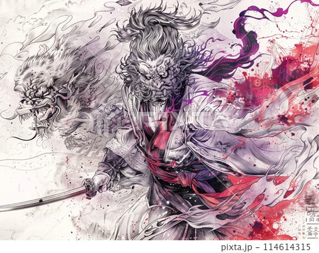 強烈な視線の鬼侍のポートレート、抽象的なインクと水墨画アート の