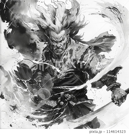 強烈な視線の鬼侍のポートレート、抽象的なインクと水墨画アート の