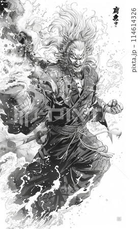 強烈な視線の鬼侍のポートレート、抽象的なインクと水墨画アート の