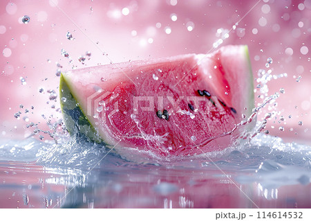 Cliced watermelon and flowing white liquid 114614532