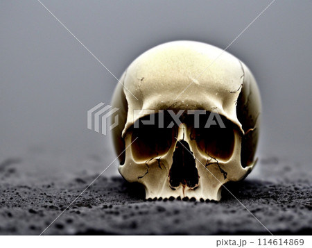 A human or ape skull surrounded by smoke or fog. Halloween horror. The theme of war, history, the perishability of the body and temporary eternity. Gloomy scary background. Generated by AI. Occultism A human or ape skull surrounded by smoke or fog. Halloween horror. The theme of war, history, the perishability of the body and temporary eternity. Gloomy scary background. Generated by AI. Occultism 114614869