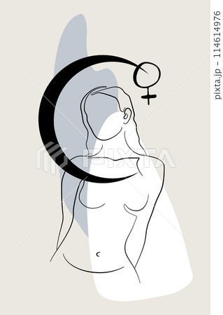 Card or poster with one single line drawing of female face and abstract shapes Card or poster with one single line drawing of female face and abstract shapes 114614976