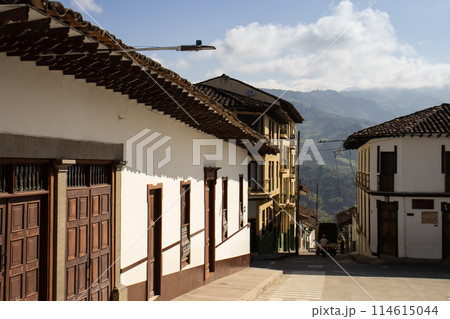 Beautiful streets at the historical downtown of the heritage town of Salamina located at the Caldas department in Colombia. 114615044