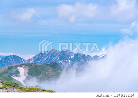 【登山素材】初夏の蝶ヶ岳山頂からの風景【長野県】 114615114