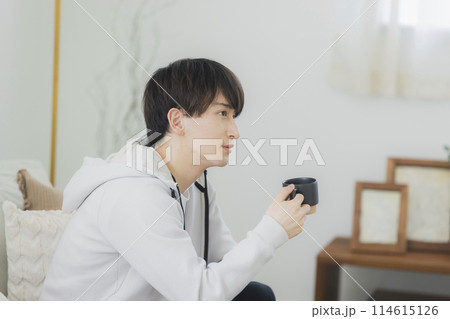 リビングでくつろぐ若い男性 リビングでくつろぐ若い男性 114615126