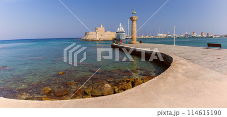 Panoramic View of Mandraki Harbor in Rhodes, Greece 114615190