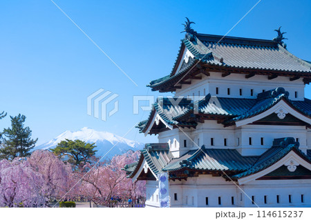 弘前城と満開の桜　岩木山 114615237